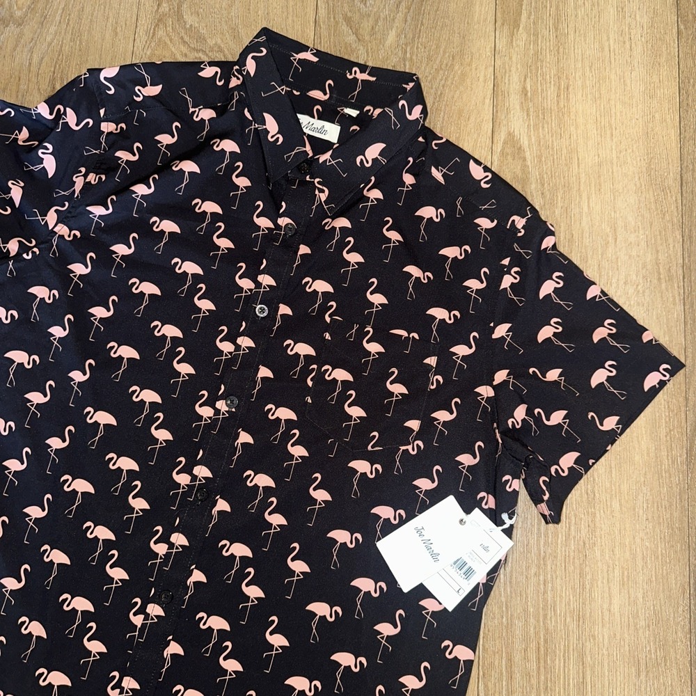 Joe Marlin Men's Short‎ Sleeve Button Shirt Performance Flamingos Stretch Large